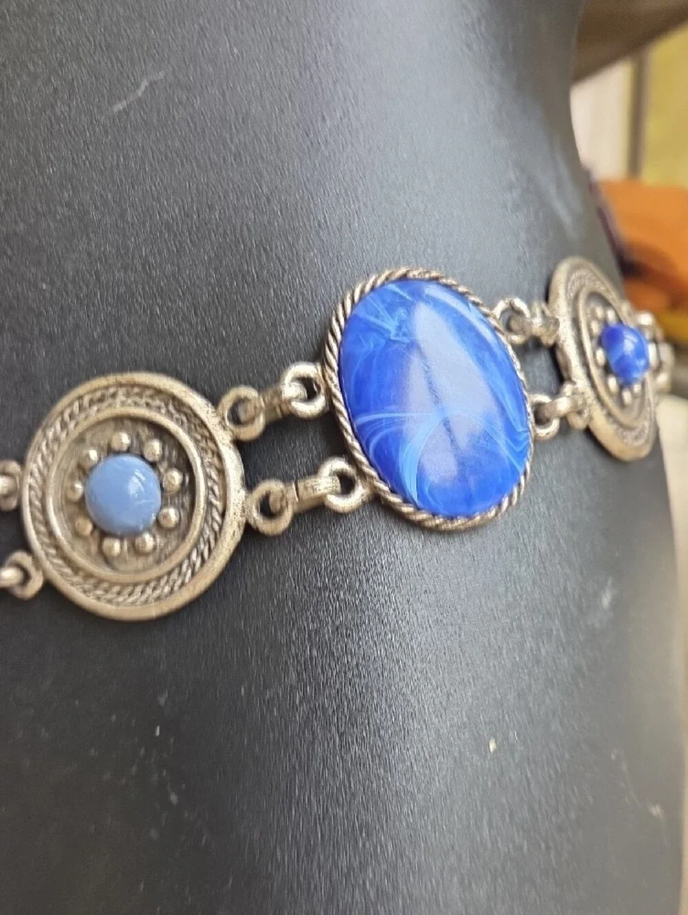 Stunning!Vintage,Cache!,distressed silver,shades of blue,glass stones,chain belt